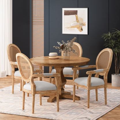 Bryan French Country Fabric Upholstered Wood and Cane 5 Piece Circular Dining Set