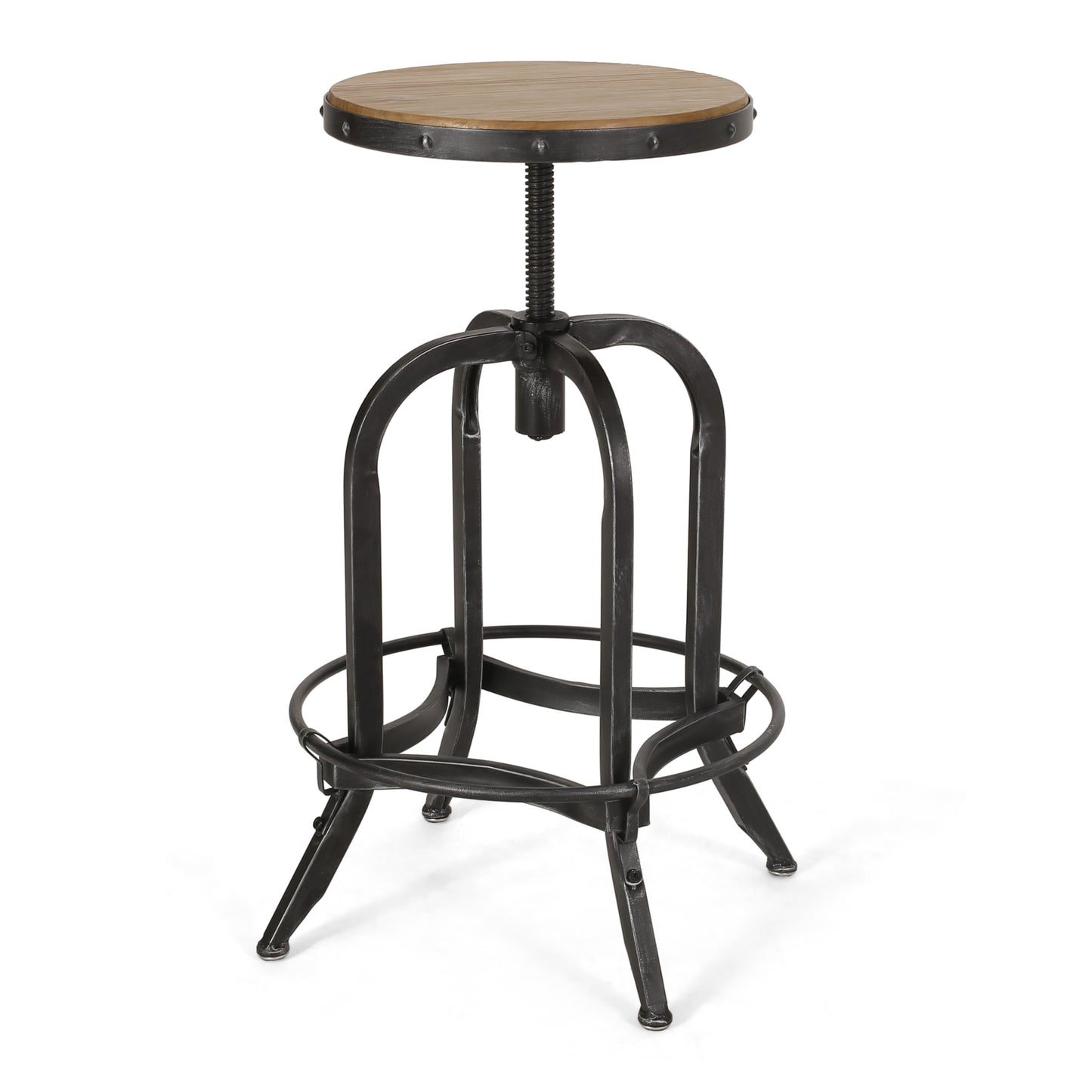 Cedarville Industrial Firwood Adjustable Height Swivel Barstools, Set of 2, Antique Natural and Pewter