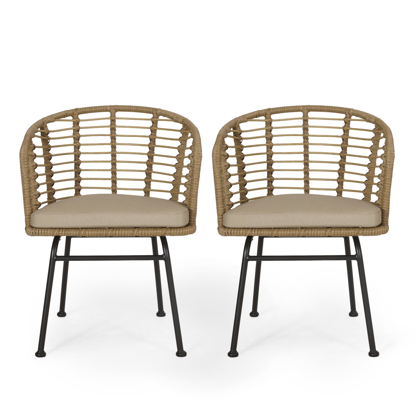 Monture Outdoor Wicker Chair with Water Resistant Cushion, Set of 2, Light Brown and Beige