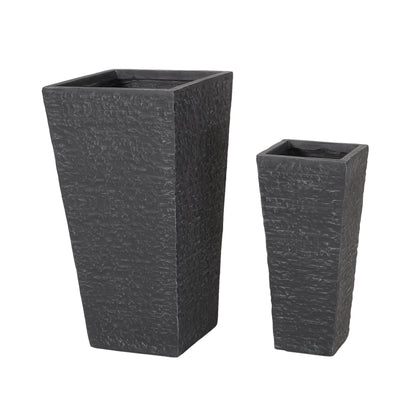 Tengren Outdoor Large and Small Cast Stone Planters, Set of 2, Gray