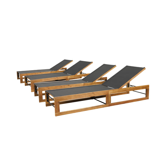 Leavitt Outdoor Mesh and Wood Adjustable Chaise Lounges, Set of 4, Black and Teak