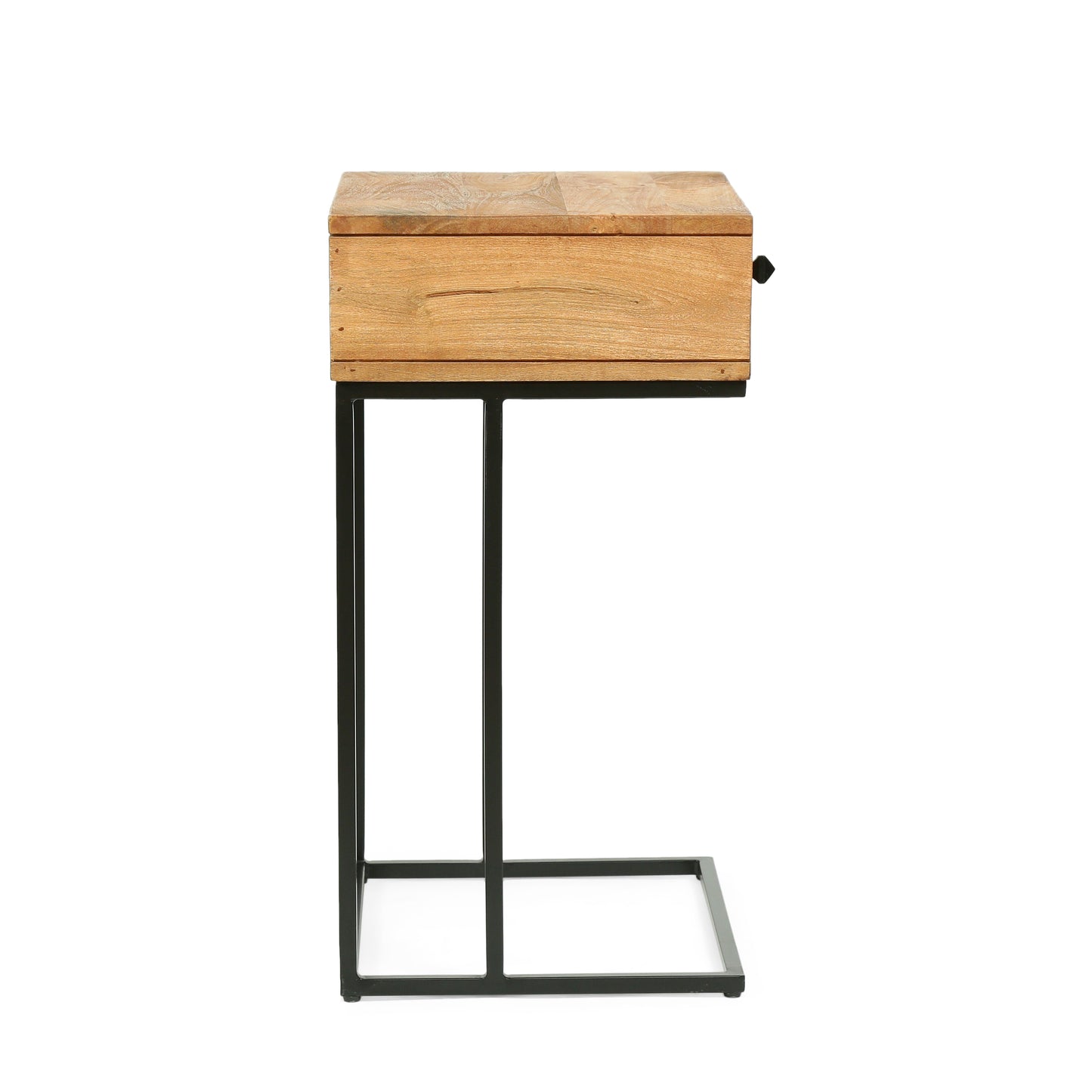 Wickson Modern Industrial Handmade Mango Wood C-Shaped Side Table with Drawer, Natural and Black