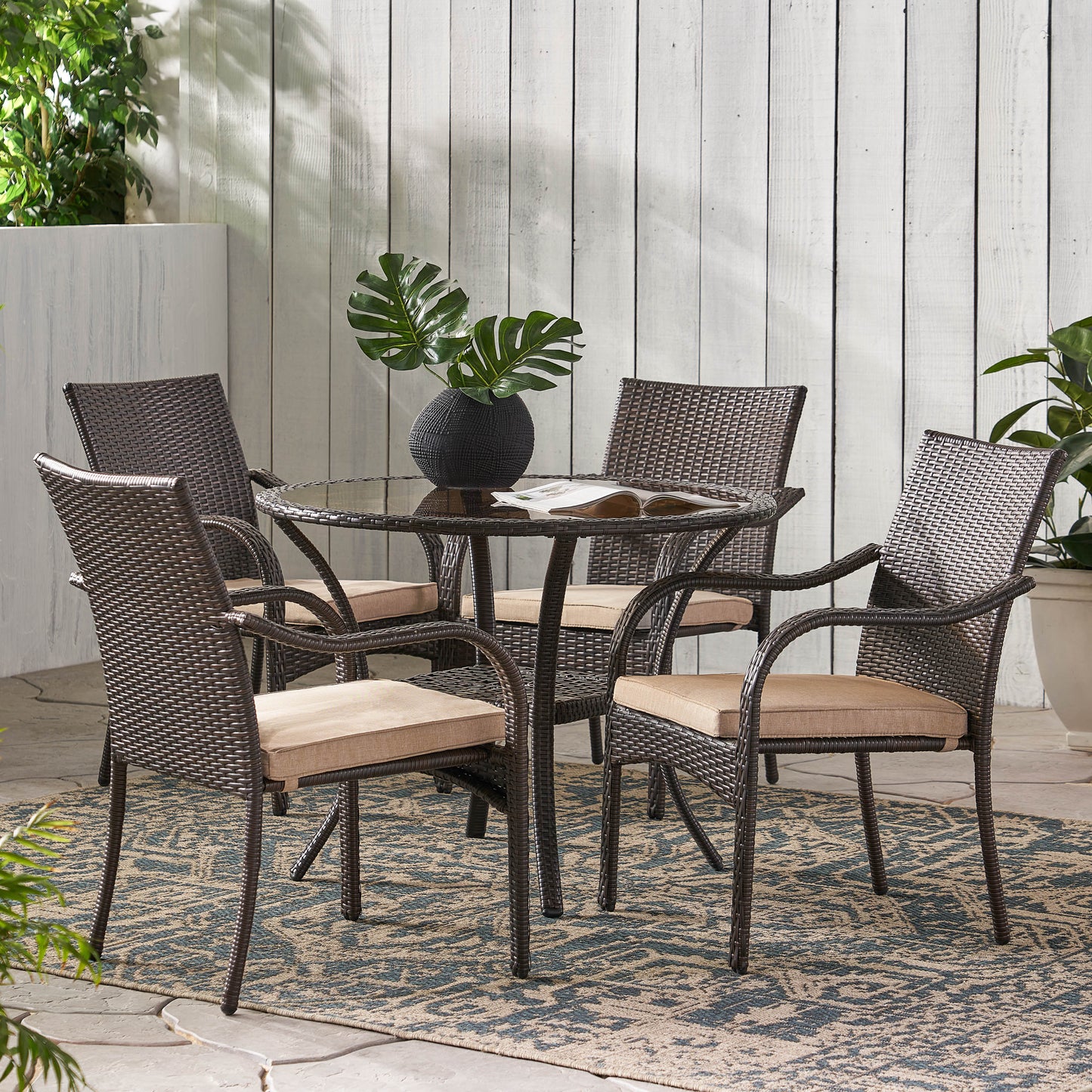 Novena Outdoor Brown Wicker 5-piece Dining Set with Cushions