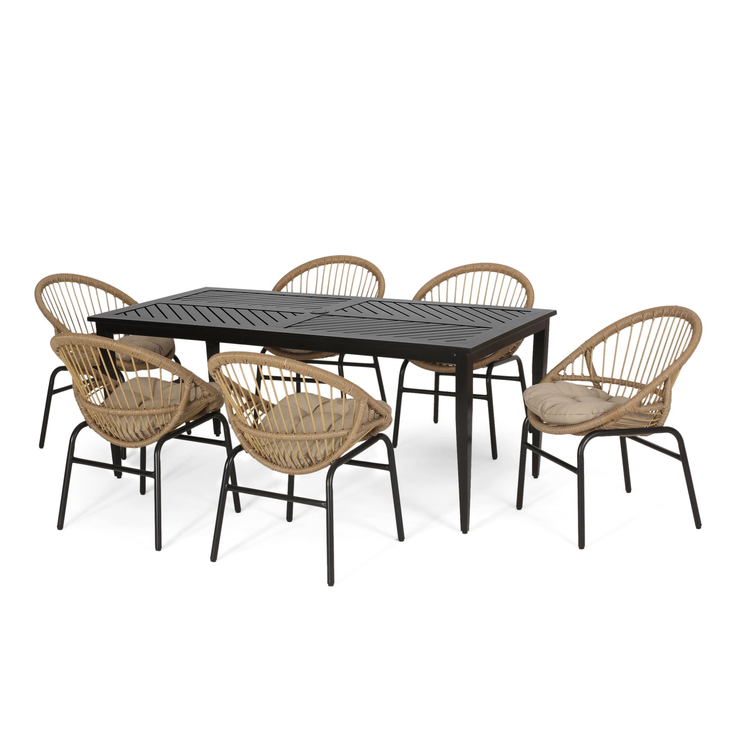 Dero Outdoor Wicker and Aluminum 7 Piece Dining Set with Cushion, Light Brown, Beige, and Matte Black