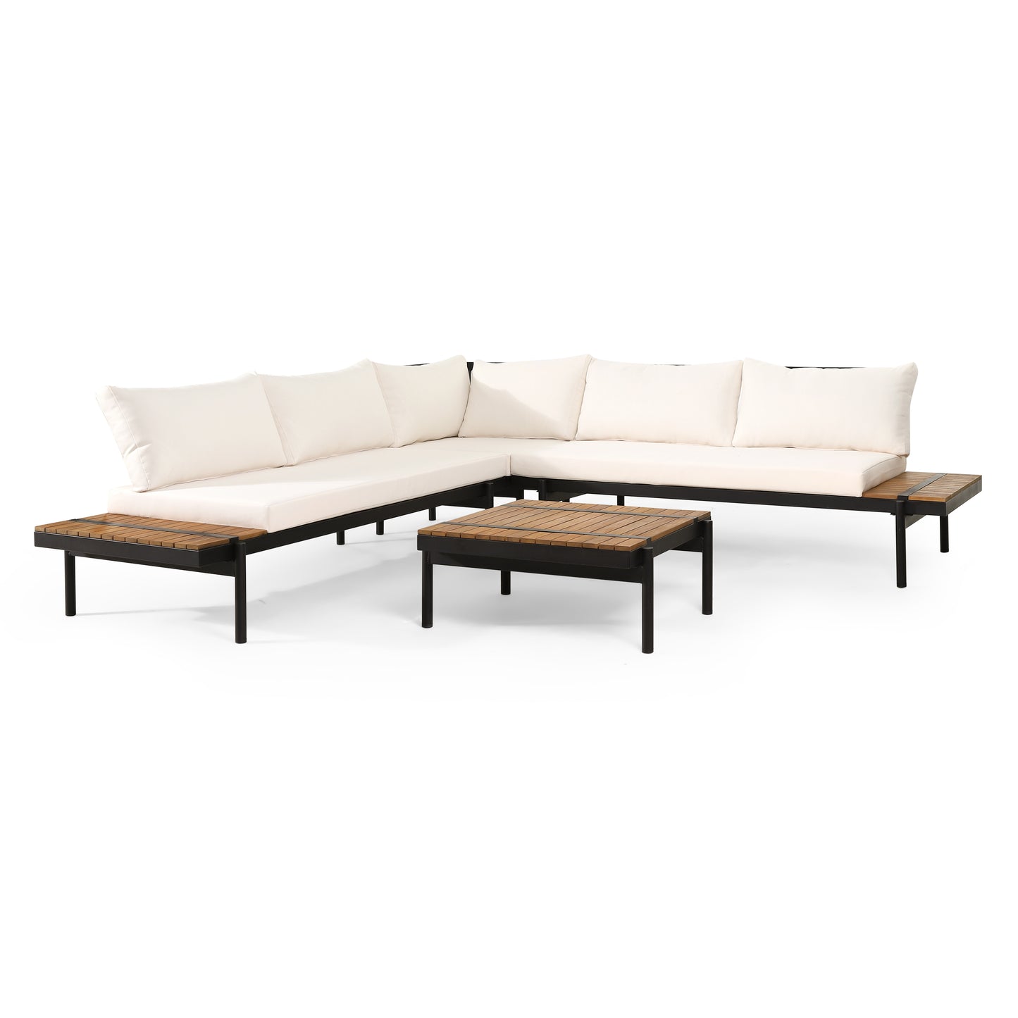 Cody Outdoor Acacia Wood 5 Seater Sectional Sofa Set with Water Resistant Cushions, Teak, Black, and Cream