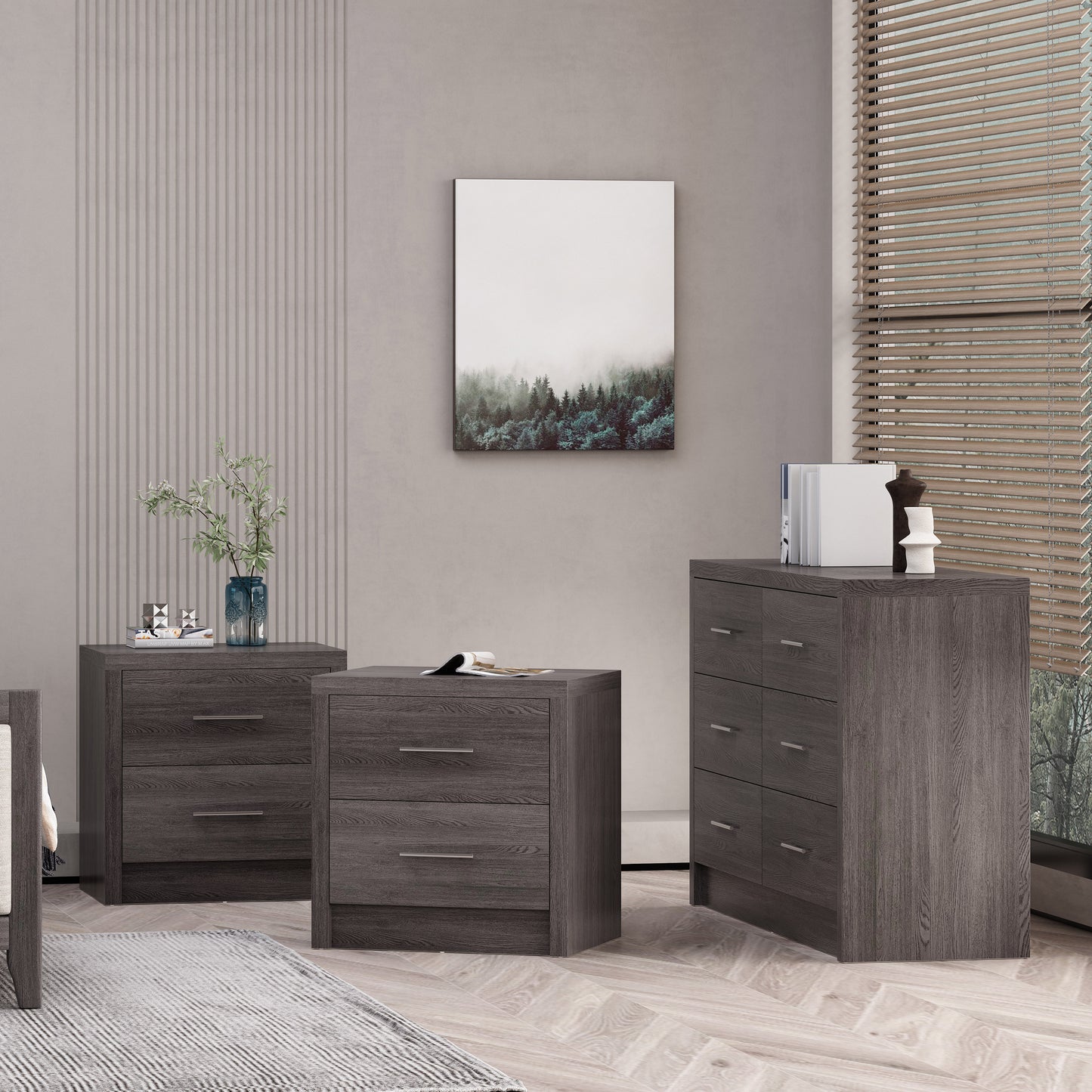 Marlette Modern 3 Piece Double Dresser and Nightstand Bedroom Set