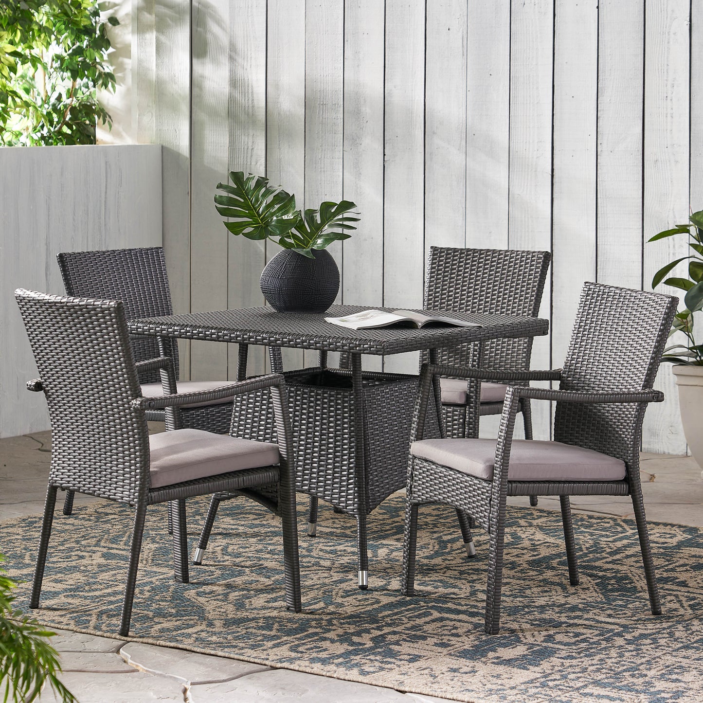 Cabela Outdoor 5 Piece Grey Wicker Dining Set with Cushions