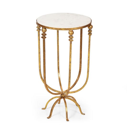 Castellina Modern Glam Handcrafted Marble Top Side Table, Gold and White