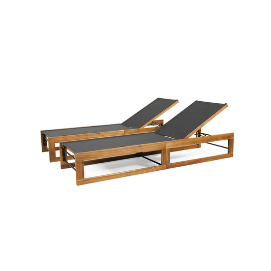 Leavitt Outdoor Mesh and Wood Adjustable Chaise Lounges, Set of 2, Black and Teak