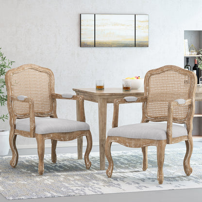 Biorn French Country Wood and Cane Upholstered Dining Armchair