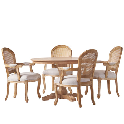 Ardyce French Country Fabric Upholstered Wood and Cane 5 Piece Circular Dining Set