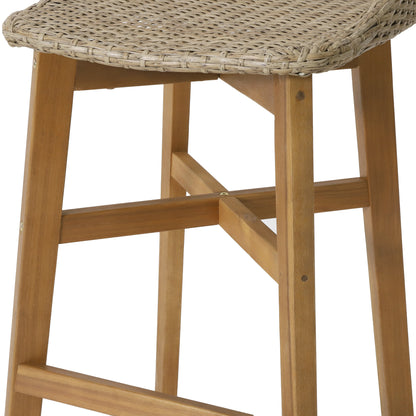 Beeson Outdoor Wicker and Acacia Wood 30 Inch Barstools, Set of 2, Light Multibrown and Teak