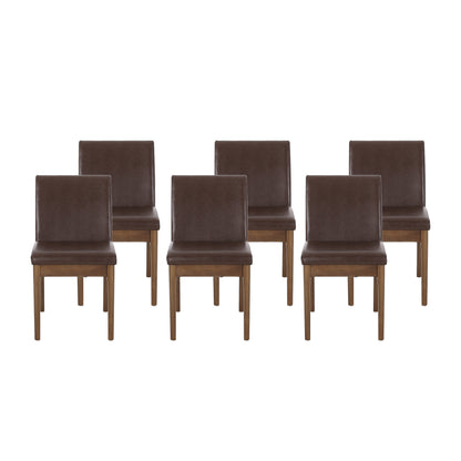 Hampton Mid Century Modern Upholstered Dining Chairs, Set of 6, Dark Brown Faux Leather and Walnut