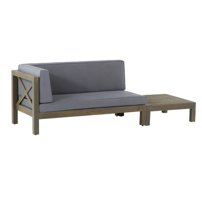 Keith Outdoor Acacia Wood Left Arm Loveseat and Coffee Table Set with Cushion