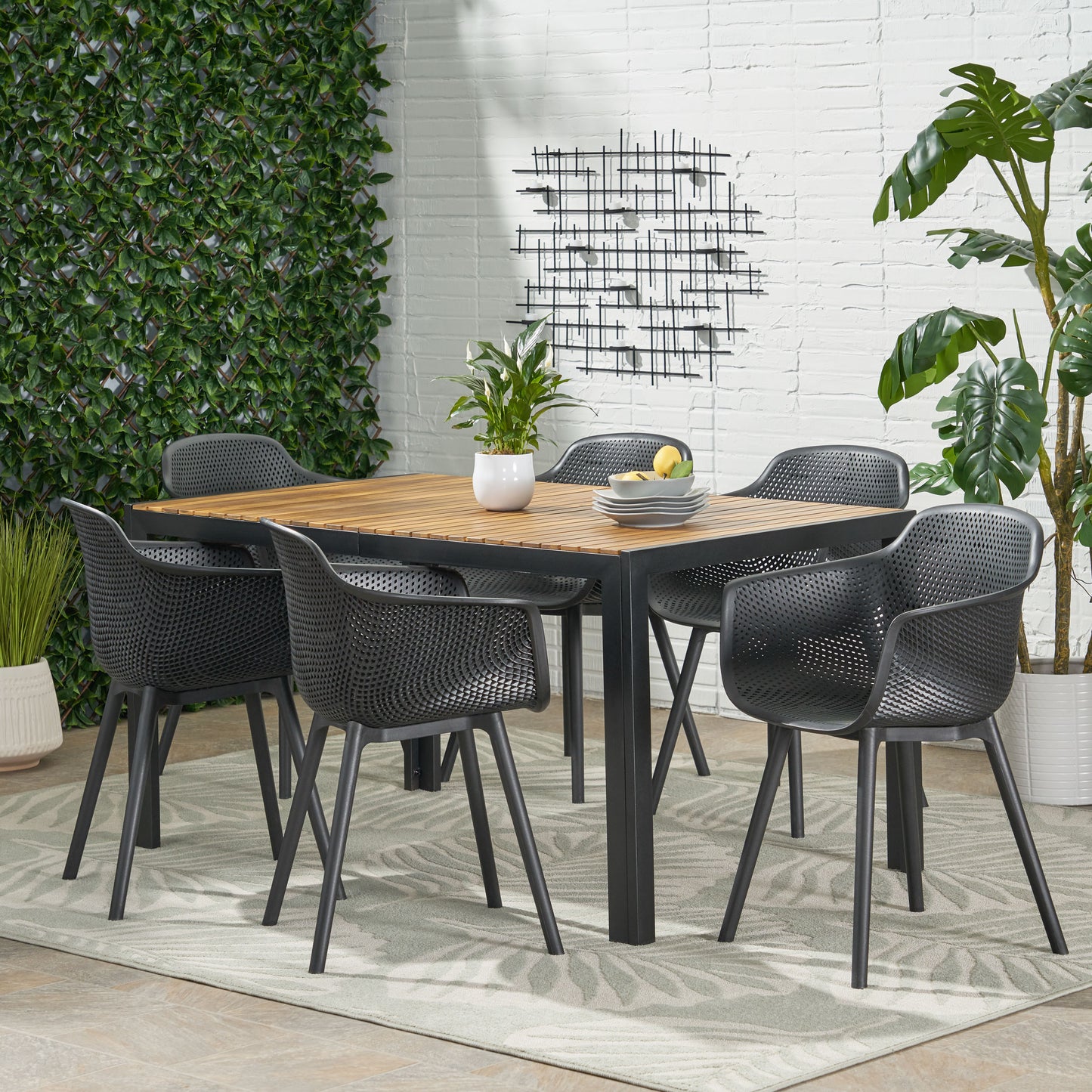 Miramar Outdoor Wood and Resin 7 Piece Dining Set, Black and Teak