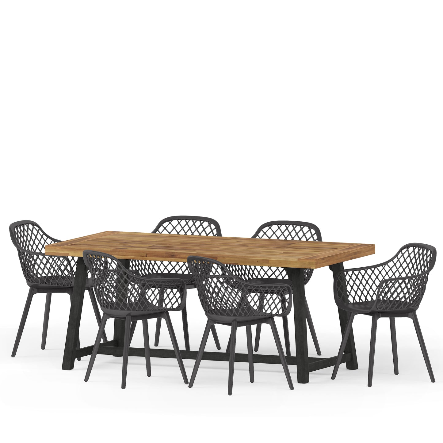 Requeta Outdoor Wood and Resin 7 Piece Dining Set, Black and Sandblasted Teak