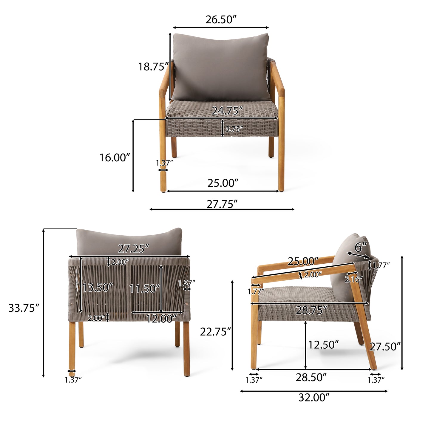 Breck Outdoor Acacia Wood and Wicker Club Chairs with Cushion, Set of 2, Teak and Gray