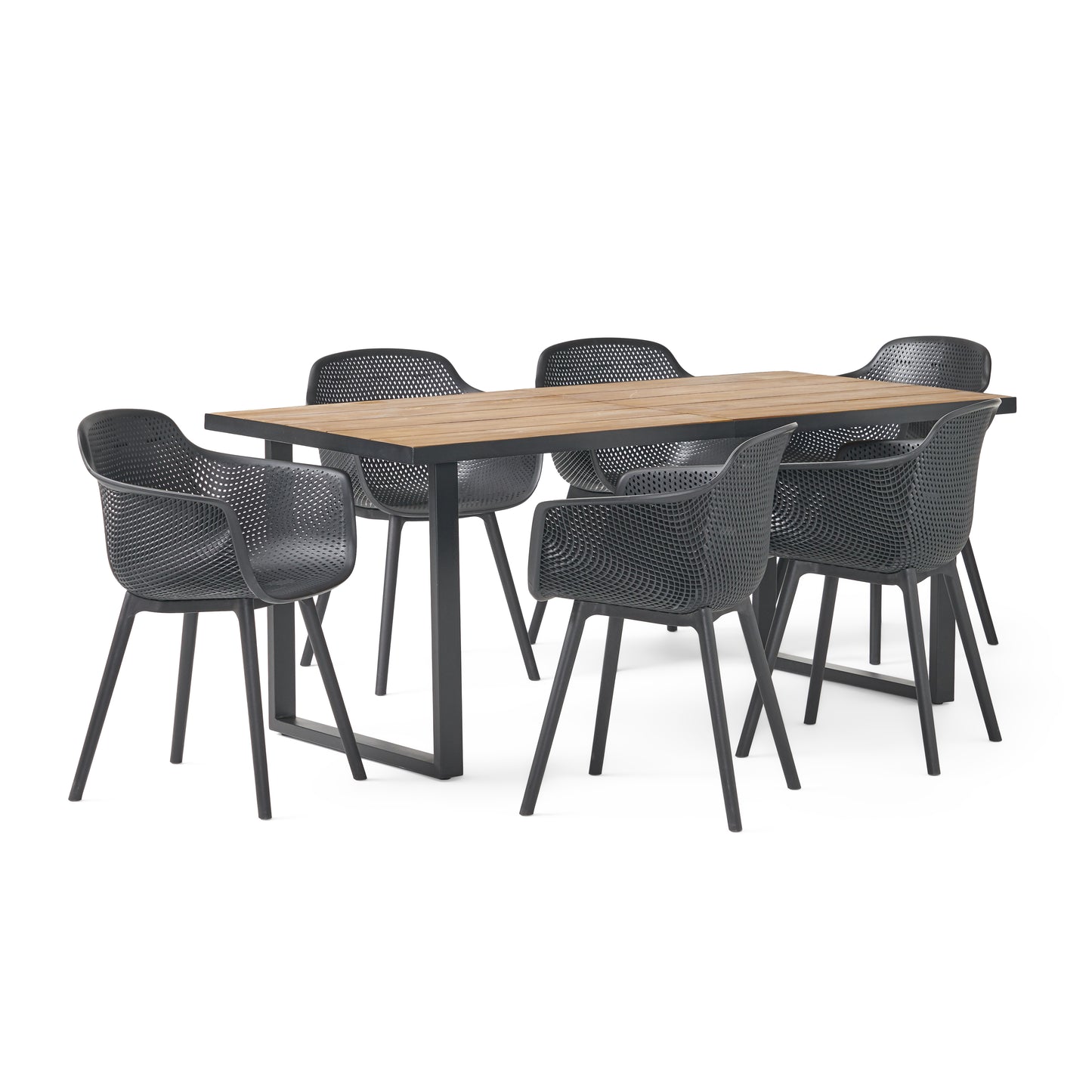 Barbados Outdoor Wood and Resin 7 Piece Dining Set, Black and Teak