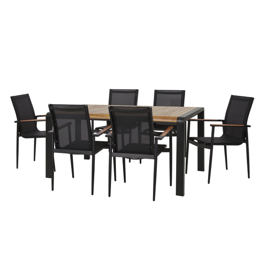 Naop Outdoor Mesh and Acacia Wood 7 Piece Dining Set, Black and Teak