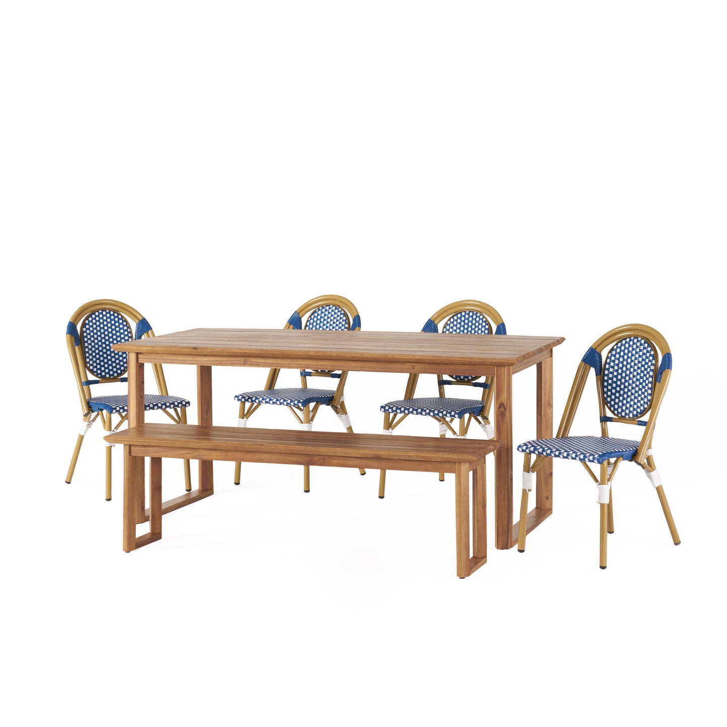 Varva Outdoor Acacia Wood and Wicker 6 Piece Dining Set with Bench