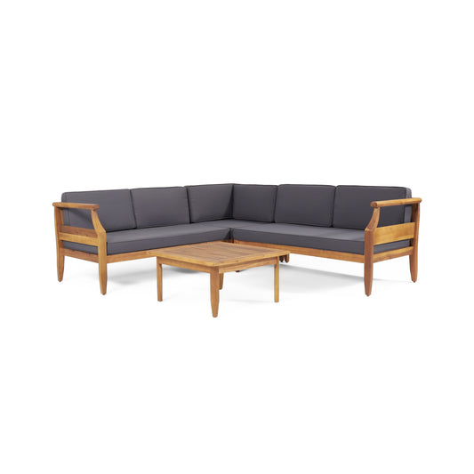 Bianca Outdoor Mid-Century Modern Acacia Wood 5 Seater Sectional Chat Set with Cushions, Teak and Dark Gray