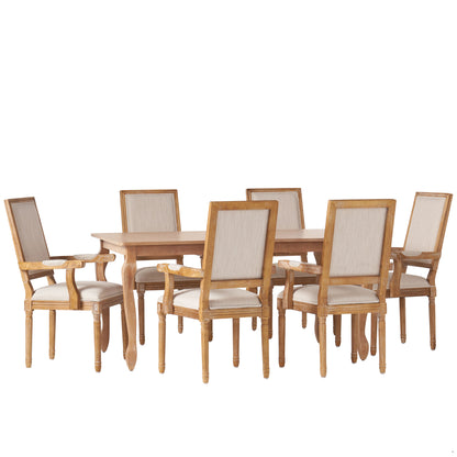 Regan French Country Fabric Upholstered Wood Expandable 7 Piece Dining Set