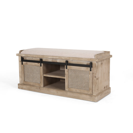 Ferster Rustic Storage Bench with Cushion, Beige, Natural, and Black