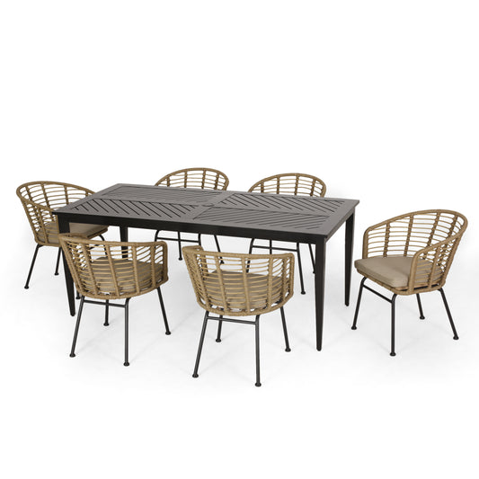 Monture Outdoor Wicker 7 Piece Dining Set, Light Brown, Black, and Beige