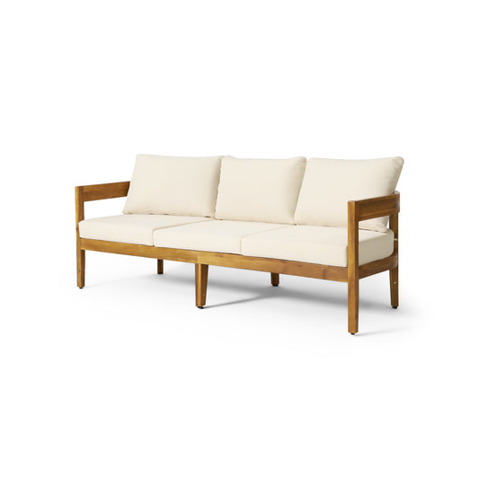 Brooklyn Outdoor Acacia Wood 3 Seater Sofa with Cushions, Teak and Beige