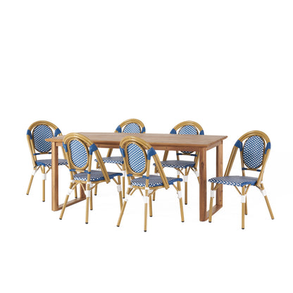 Varva Outdoor Acacia Wood and Wicker 7 Piece Dining Set