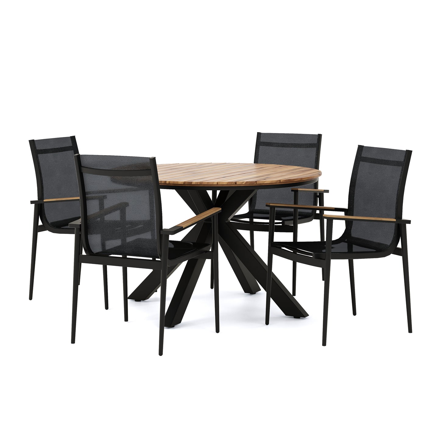 Norcrest Outdoor Mesh and Acacia Wood 5 Piece Dining Set, Black and Teak