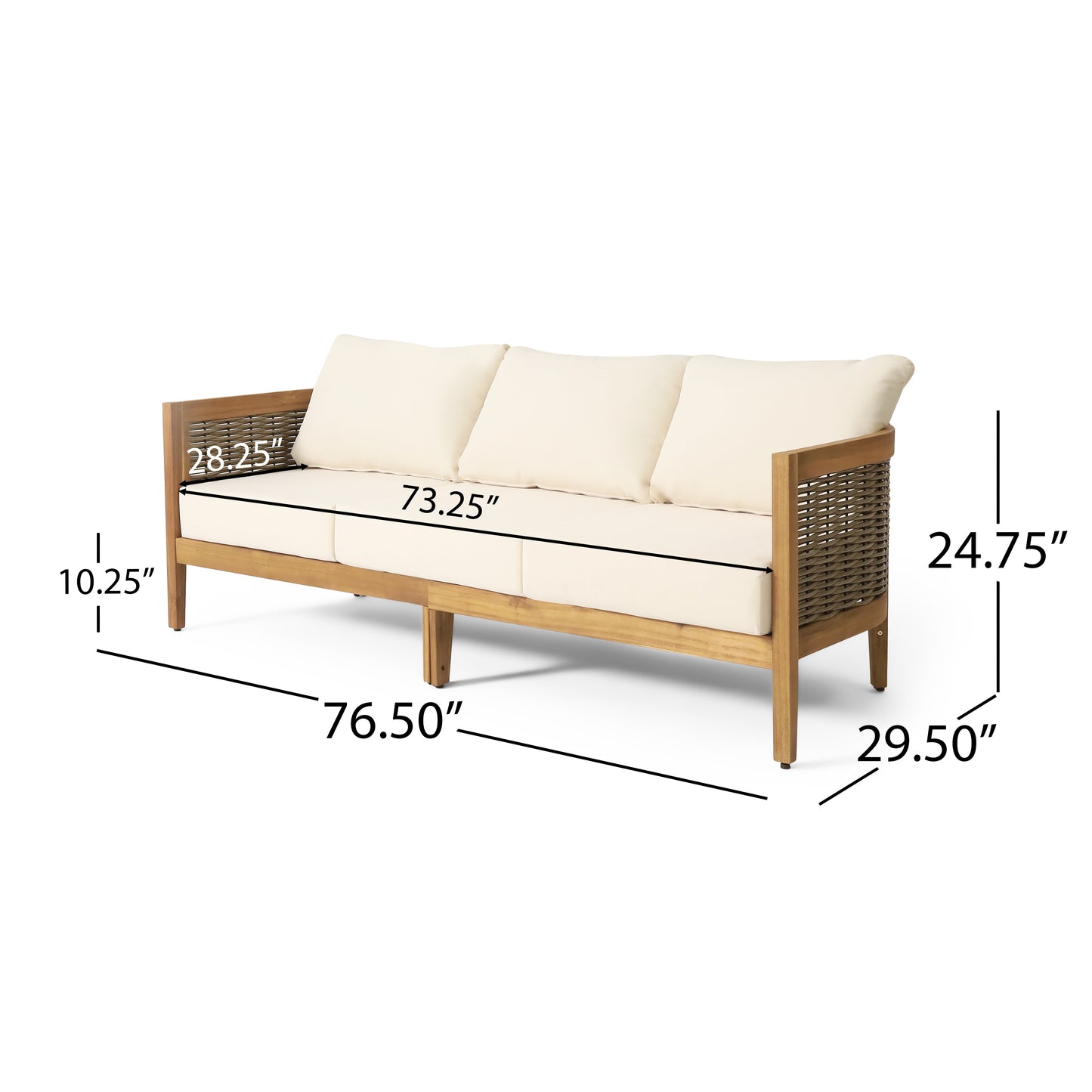 The Crowne Collection Outdoor Acacia Wood and Round Wicker 3 Seater Sofa with Cushions, Teak, Mixed Brown, and Beige