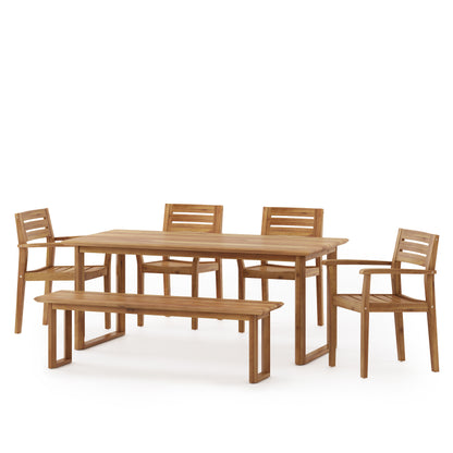 Nibley Outdoor Acacia Wood 6 Piece Dining Set with Bench