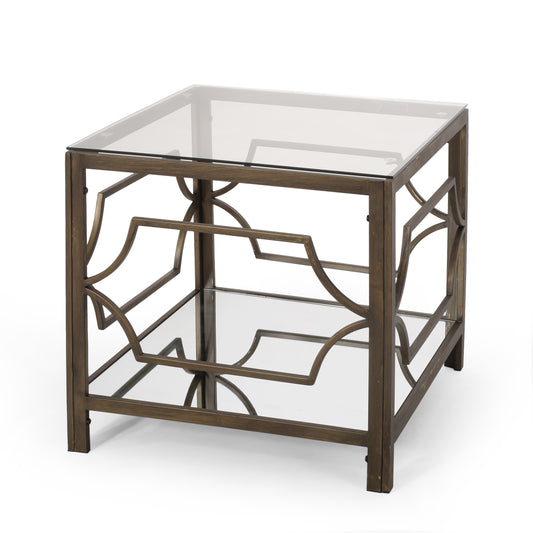 Powelton Cadley Modern Glam Mirrored End Table with Glass Top, Black Gold