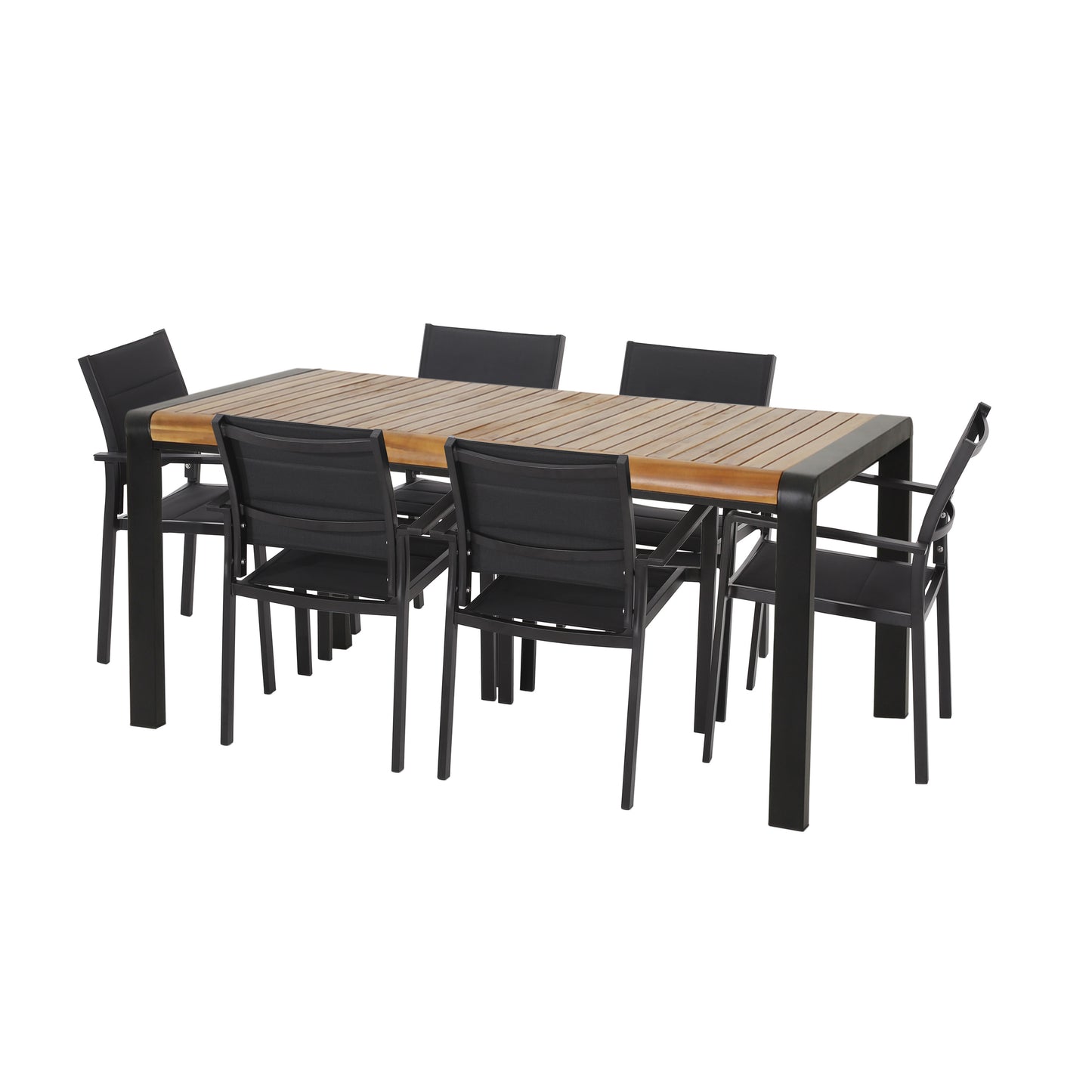 Roseland Outdoor Mesh and Acacia Wood 7 Piece Dining Set, Black and Teak