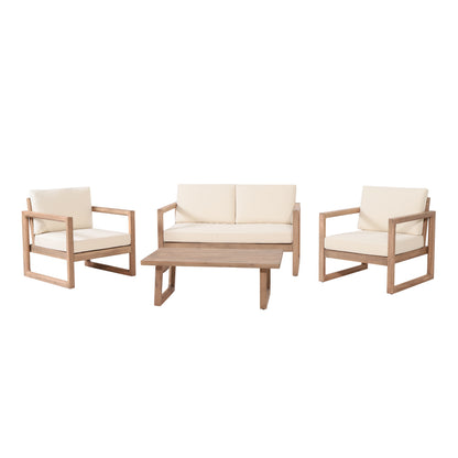 Petteti Outdoor Acacia Wood Chat Set with Cushions, Brown and Beige