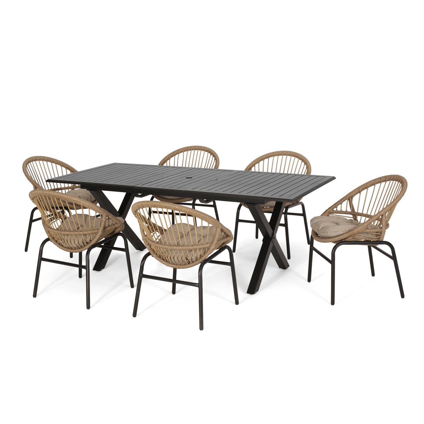 Benway Outdoor Wicker and Aluminum 7 Piece Expandable Dining Set with Cushion, Light Brown, Beige, and Black