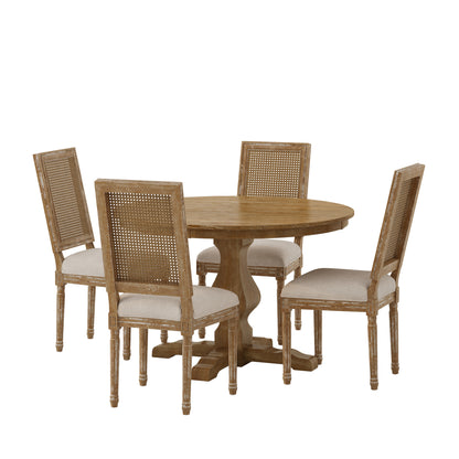 Merlene French Country Fabric Upholstered Wood and Cane 5 Piece Circular Dining Set
