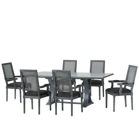 Zentner French Country Fabric Upholstered Wood and Cane 7 Piece Expandable Dining Set