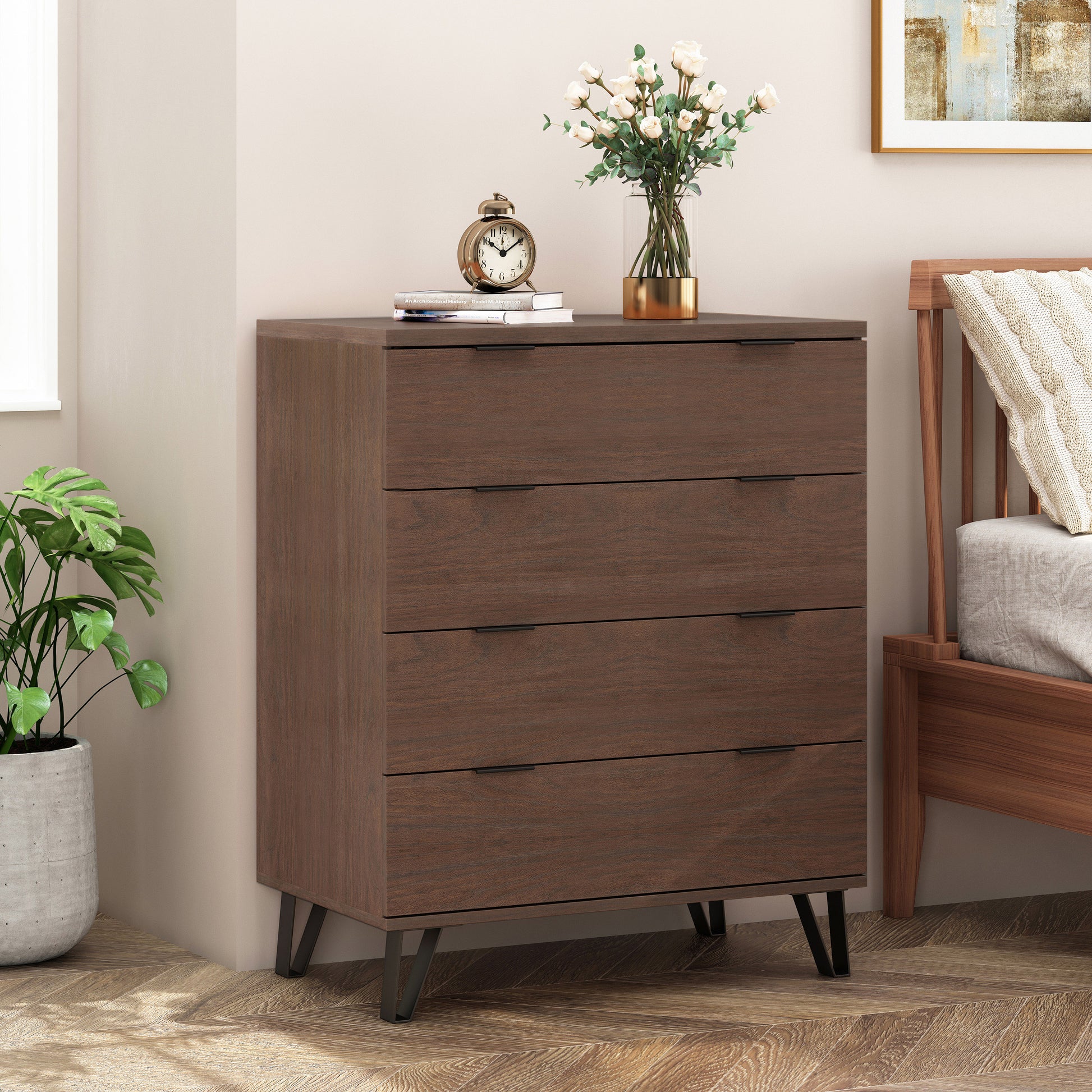 Demijen Modern Industrial 4 Drawer Wide Dresser, Walnut and Matte Blac – GDFStudio Demijen Modern Industrial 4 Drawer Wide Dresser, Walnut and Matte Blac – GDFStudio