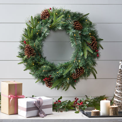 24" Mixed Pine Pre-Lit Warm White LED Artificial Christmas Wreath with Pine Cones and Berries