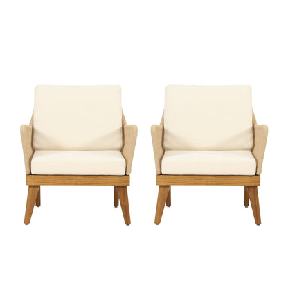 Hueber Outdoor Acacia Wood Club Chairs with Cushion, Set of 2, Teak, Light Brown, and Beige