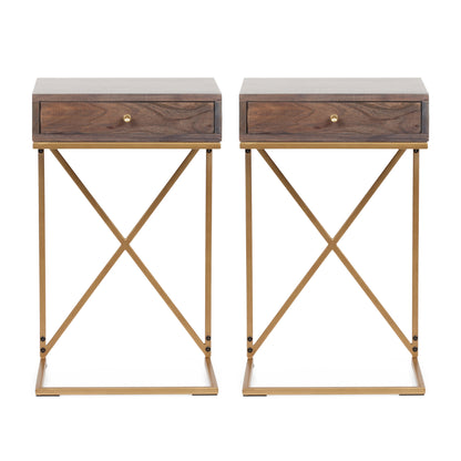 Darke Rustic Glam Handcrafted Acacia Wood C-Shaped Side Tables, Set of 2, Dark Brown and Gold