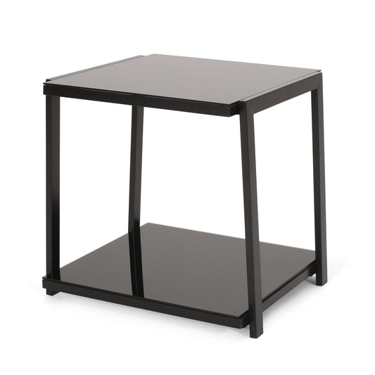 Tilley Modern Glass Top Side Table with Shelf, Black
