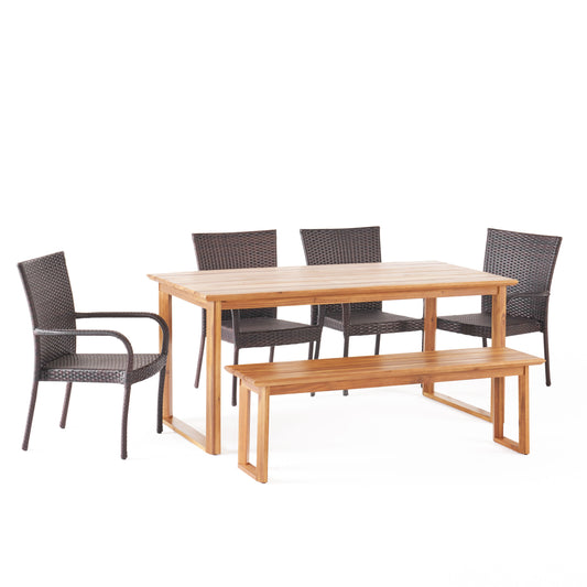 Conifer Outdoor Acacia Wood and Wicker 6 Piece Dining Set with Bench