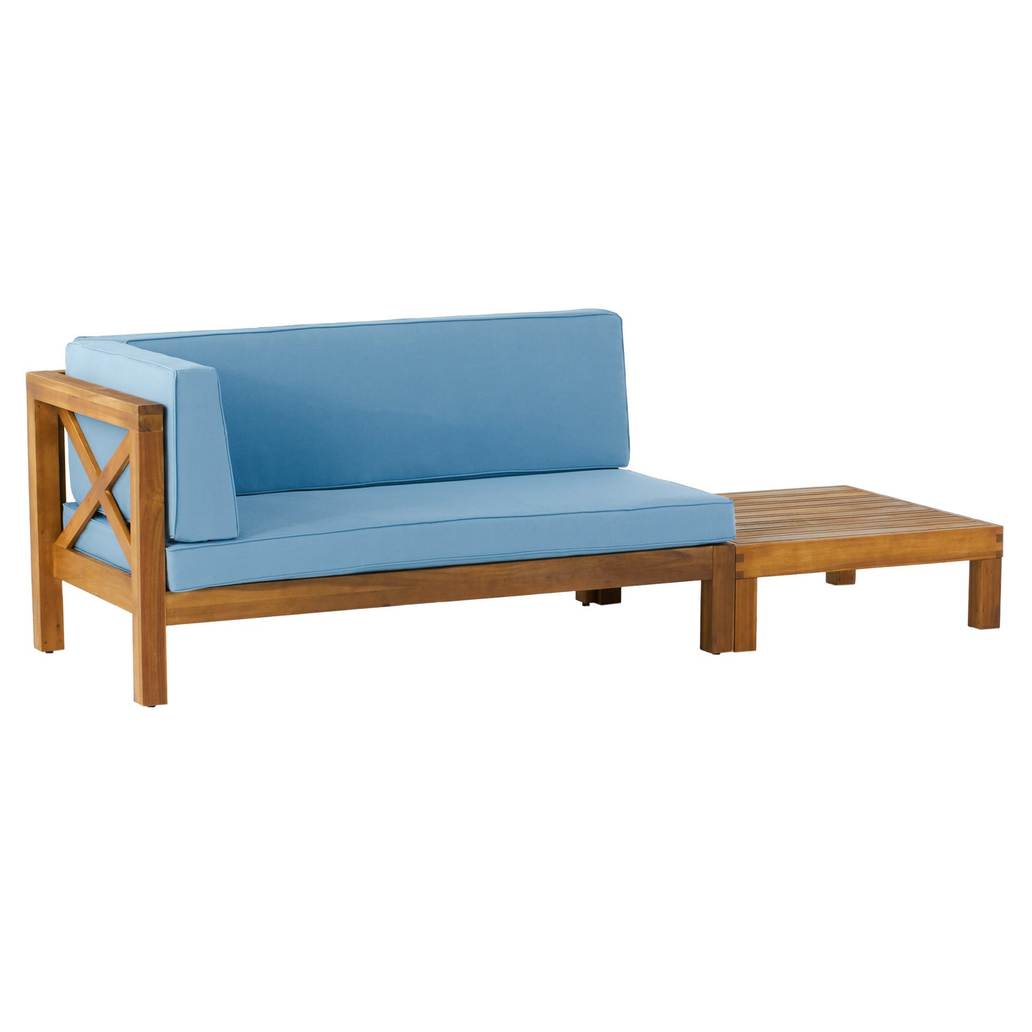 Keith Outdoor Acacia Wood Left Arm Loveseat and Coffee Table Set with Cushion