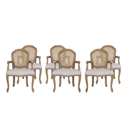 Mariette French Country Wood and Cane Upholstered Dining Chair, Set of 6