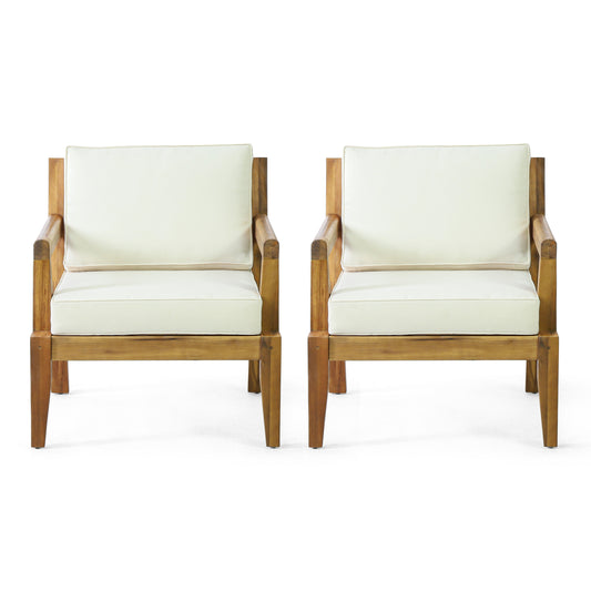 Camak Rossville Outdoor Acacia Wood Club Chairs with Cushions, Set of 2, Teak and Beige