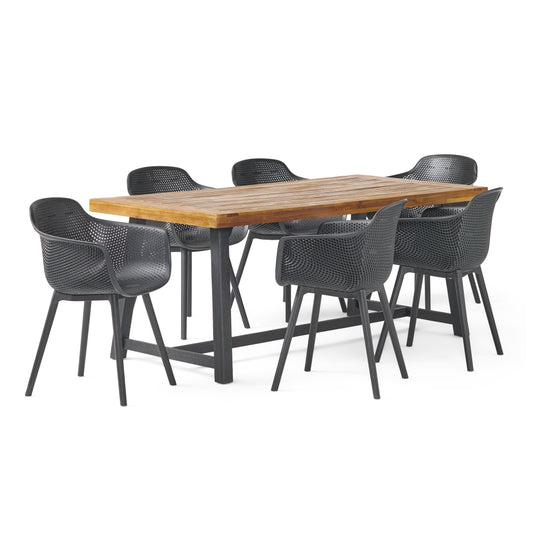 Trinity Outdoor Wood and Resin 7 Piece Dining Set, Black and Sandblasted Teak