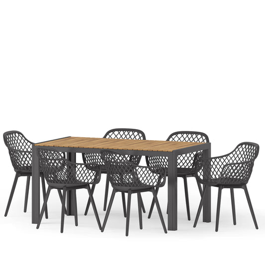 Lorena Outdoor Wood and Resin 7 Piece Dining Set, Black and Teak